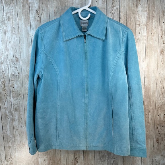 Chicos Womens Suede Leather Jacket Turquoise Blue Size 1 Full Zip Outerwear Coat - Picture 1 of 5
